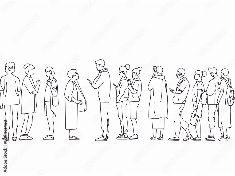 Group of people continuous one-line black ink drawing. The crowd standing and waiting on white background. Group of people continuous one-line black ink drawing. The crowd standing and waiting on white background.