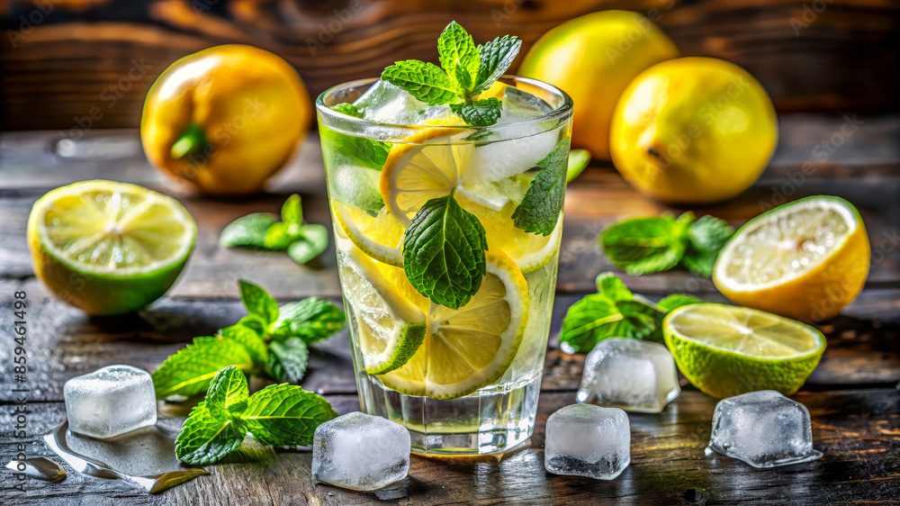 Glass of refreshing lemon mint water with ice cubes on a rustic wooden table surrounded by lemons and mint leaves. Glass of refreshing lemon mint water with ice cubes on a rustic wooden table surrounded by lemons and mint leaves.