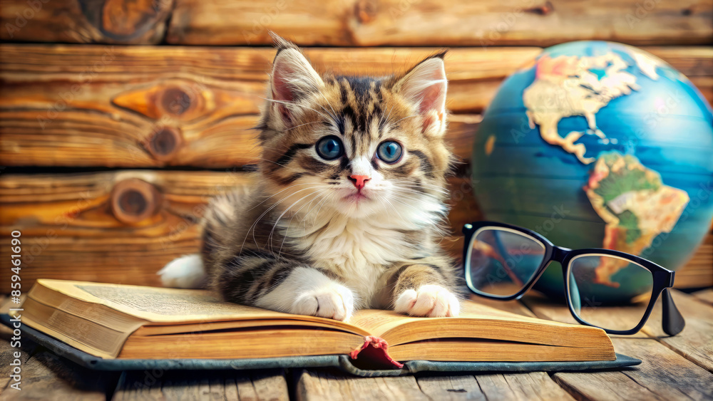 Adorable kitten with glasses lying next to an open book and a globe on a wooden table, creating a cute and studious scene. Adorable kitten with glasses lying next to an open book and a globe on a wooden table, creating a cute and studious scene.