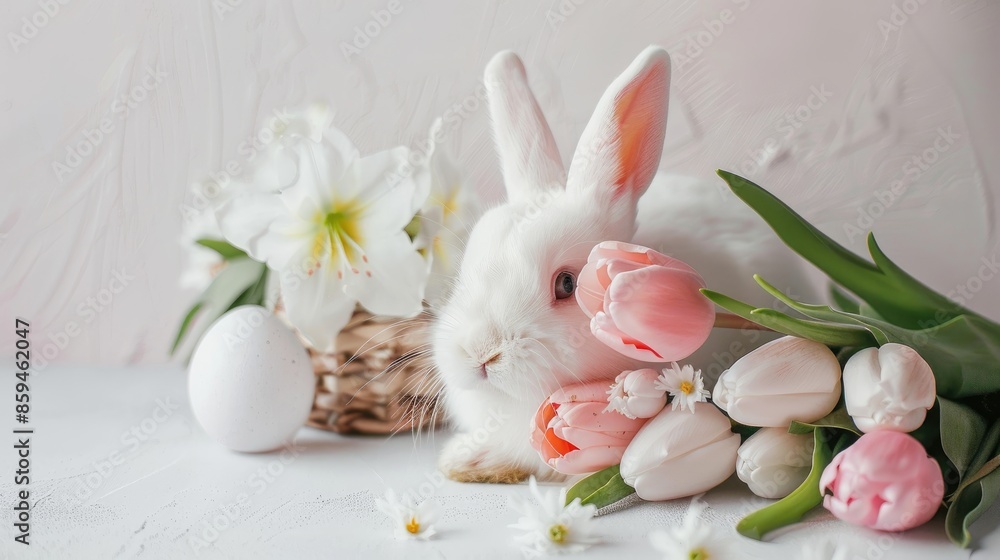 Easter themed decor with white rabbits tulips and eggs on a light background for home and office Easter themed decor with white rabbits tulips and eggs on a light background for home and office