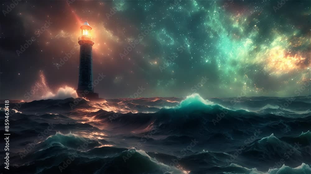 Lighthouse Illumination Amidst Turbulent Ocean Waves Under A Starry Night Sky Lighthouse Illumination Amidst Turbulent Ocean Waves Under A Starry Night Sky