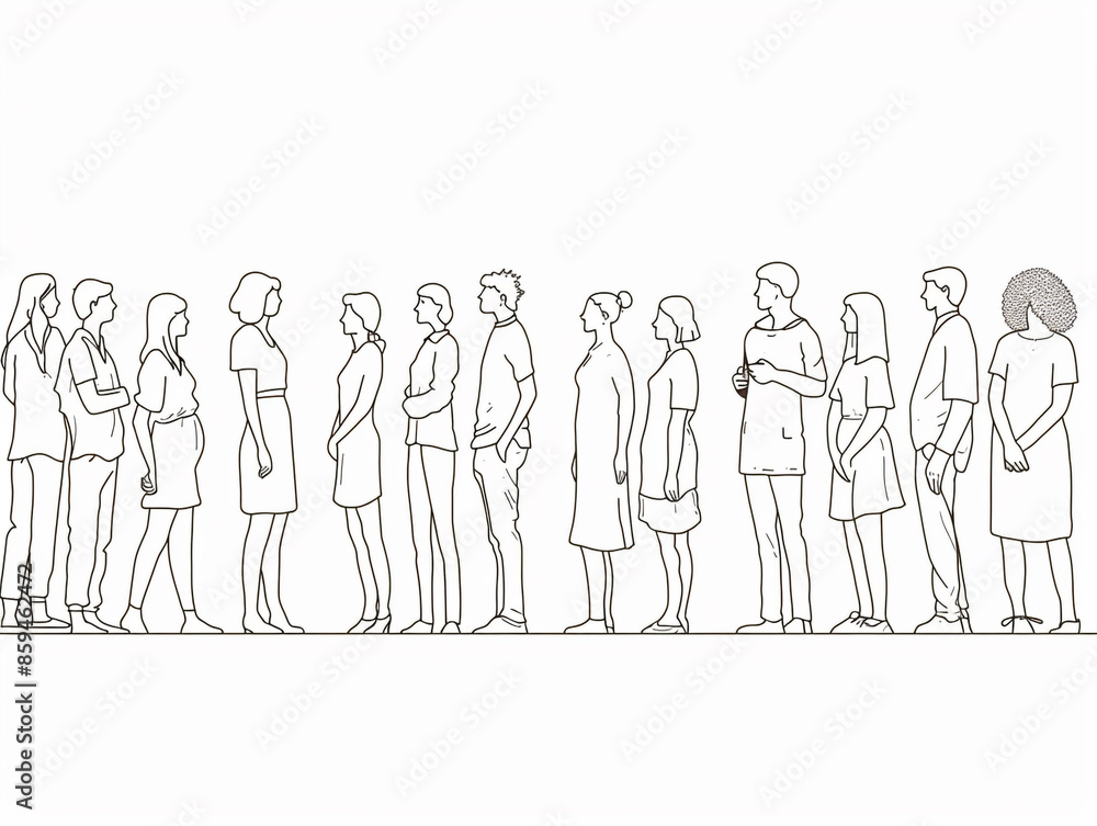 Group of people continuous one-line black ink drawing. The crowd standing and waiting on white background. Group of people continuous one-line black ink drawing. The crowd standing and waiting on white background.