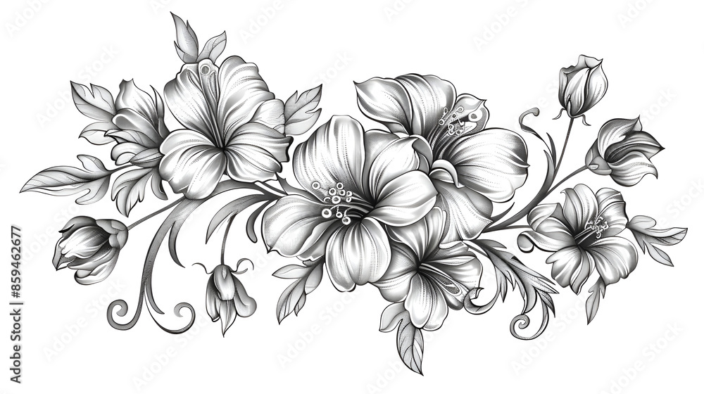 Flower pattern engraving scroll motif for card on white background
