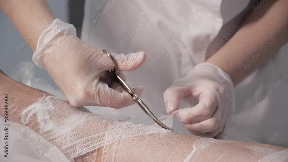 doctor in a white lab coat and medical gloves cuts a bandage with scissors. female legs in the hospital. health and beauty treatments doctor in a white lab coat and medical gloves cuts a bandage with scissors. female legs in the hospital. health and beauty treatments