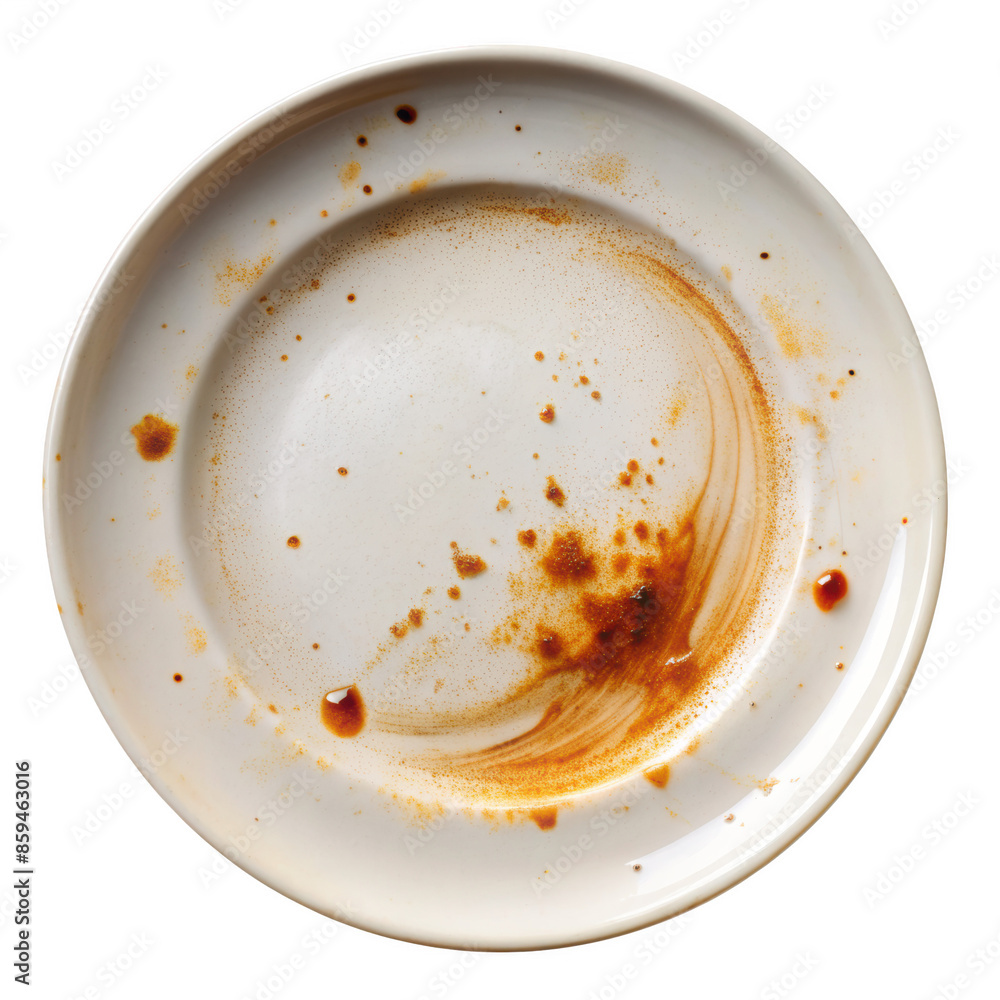 Empty dirty plate with leftover sauce stains. A used white plate showing remnants of a finished meal. Isolated on transparent background, png. Empty dirty plate with leftover sauce stains. A used white plate showing remnants of a finished meal. Isolated on transparent background, png.