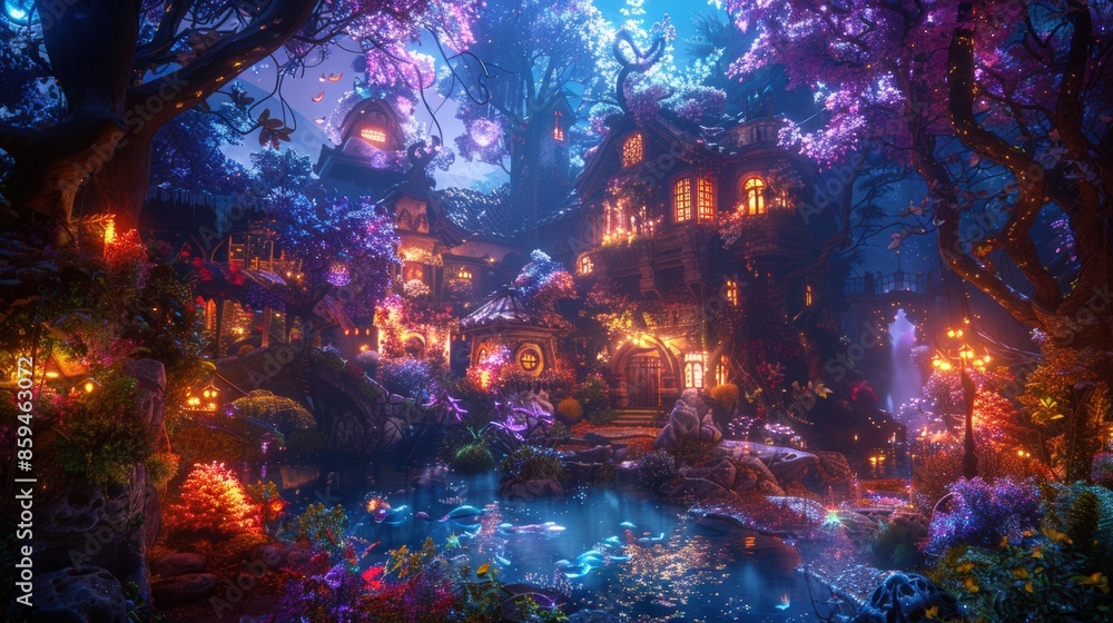 Enchanting fairy tale forest scene with illuminated lanterns, mystical house, vibrant flora, and serene pond, creating a magical nighttime atmosphere. Enchanting fairy tale forest scene with illuminated lanterns, mystical house, vibrant flora, and serene pond, creating a magical nighttime atmosphere.