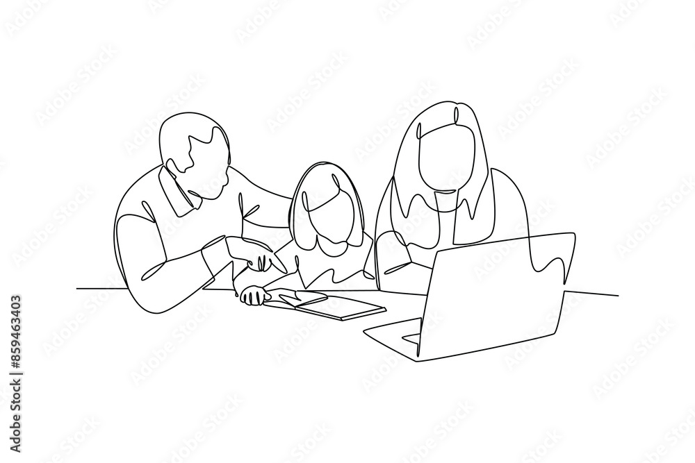 Simple continuous line drawing of mother and father are teaching their child with a computer. Happy people eating, hangouts with food and drinks. Flat graphic vector illustrations isolated on white ba Simple continuous line drawing of mother and father are teaching their child with a computer. Happy people eating, hangouts with food and drinks. Flat graphic vector illustrations isolated on white ba