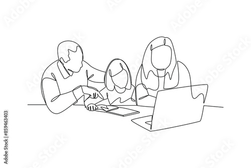 Simple continuous line drawing of mother and father are teaching their child with a computer. Happy people eating, hangouts with food and drinks. Flat graphic vector illustrations isolated on white ba
