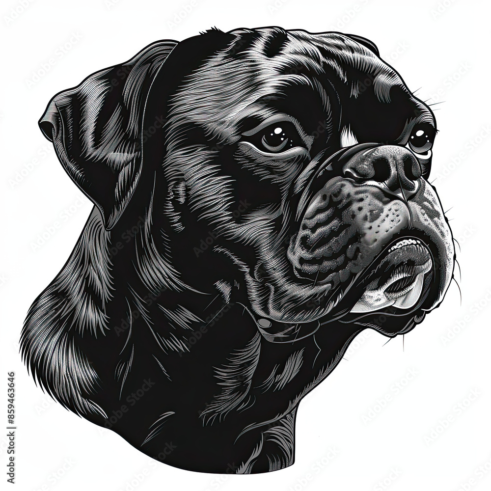 A black and white drawing of a Boxer dog A black and white drawing of a Boxer dog