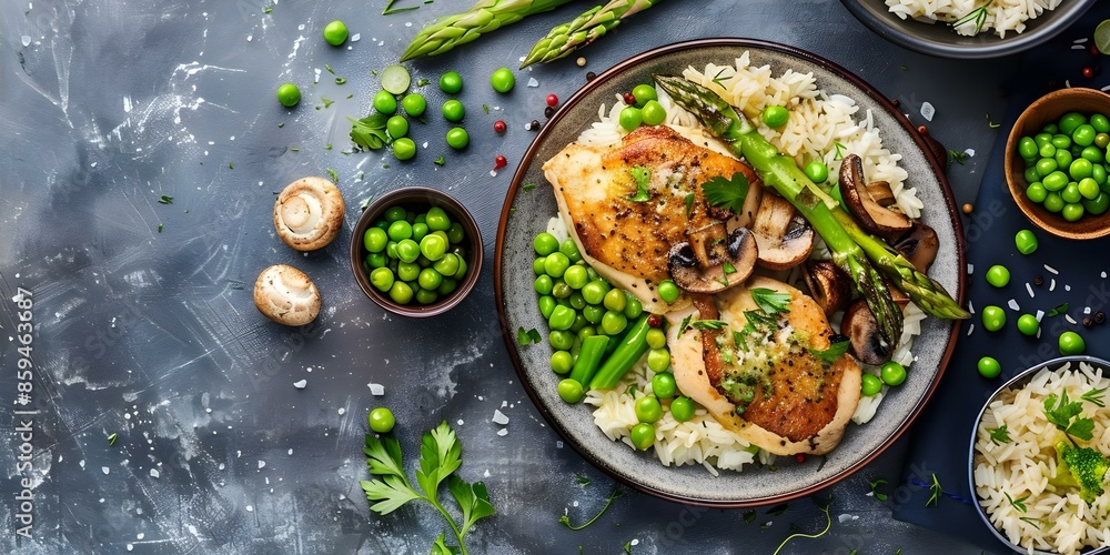 Classic Chicken Fricassee Recipe with Mushrooms, Peas, Asparagus, and Rice. Concept Chicken Fricassee, Mushroom Recipes, Pea Dishes, Asparagus Meals, Rice Recipes Classic Chicken Fricassee Recipe with Mushrooms, Peas, Asparagus, and Rice. Concept Chicken Fricassee, Mushroom Recipes, Pea Dishes, Asparagus Meals, Rice Recipes