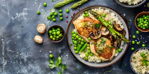 Classic Chicken Fricassee Recipe with Mushrooms, Peas, Asparagus, and Rice. Concept Chicken Fricassee, Mushroom Recipes, Pea Dishes, Asparagus Meals, Rice Recipes photo