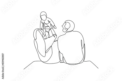 Simple continuous line drawing of a father invites the family to a picnic together. Happy people eating, hangouts with food and drinks. Flat graphic vector illustrations isolated on white background