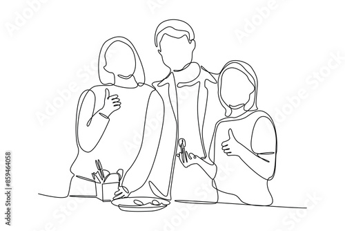 Simple continuous line drawing of father, mother and child eat together. Happy people eating, hangouts with food and drinks. Flat graphic vector illustrations isolated on white background