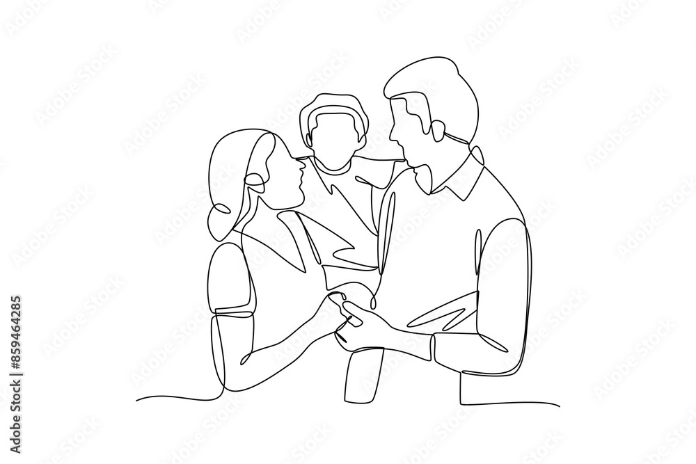 Simple continuous line drawing of a child being held on his lap by his father and mother. Happy people eating, hangouts with food and drinks. Flat graphic vector illustrations isolated on white backgr Simple continuous line drawing of a child being held on his lap by his father and mother. Happy people eating, hangouts with food and drinks. Flat graphic vector illustrations isolated on white backgr
