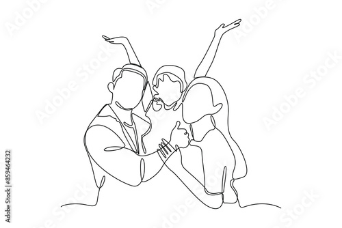 Simple continuous line drawing of mother and father and child in the middle with their arms outstretched. Happy people eating, hangouts with food and drinks. Flat graphic vector illustrations isolated