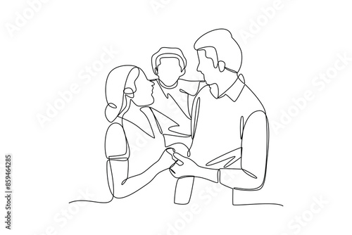 Simple continuous line drawing of a child being held on his lap by his father and mother. Happy people eating, hangouts with food and drinks. Flat graphic vector illustrations isolated on white backgr