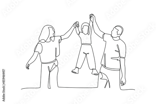Simple continuous line drawing of A small family who takes their time to play with their children. Happy people eating, hangouts with food and drinks. Flat graphic vector illustrations isolated on whi