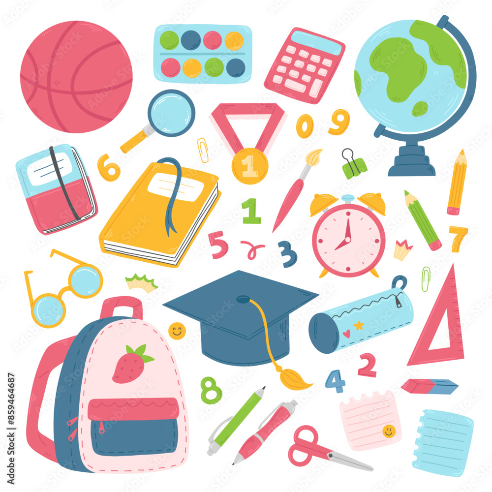 A set of cute cartoon school supplies isolated on a white background. Back to school collection. Vector clipart illustration A set of cute cartoon school supplies isolated on a white background. Back to school collection. Vector clipart illustration