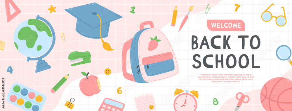 Fototapeta premium Back to school pink banner template with school items on the background. School concept vector illustration
