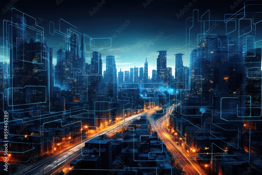 Fototapeta premium Futuristic cityscape at night with glowing lights and digital holographic overlays, representing advanced technology and urban innovation.