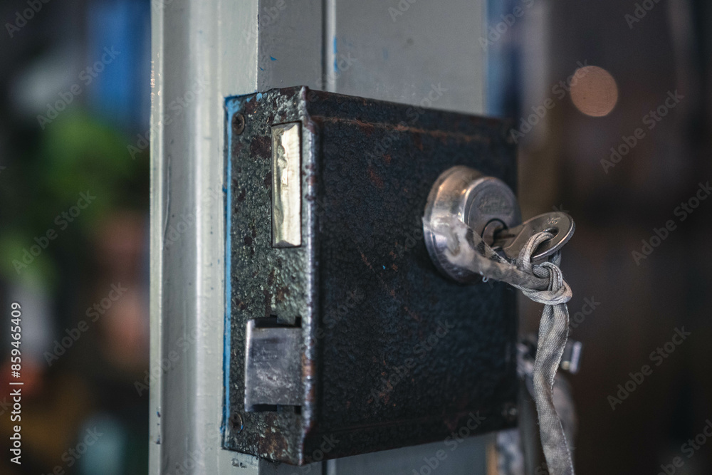 Close up shallow depth of field shot of old door lock with key inside. Both the door know and the key are rusty showing signs of heavy usage Close up shallow depth of field shot of old door lock with key inside. Both the door know and the key are rusty showing signs of heavy usage
