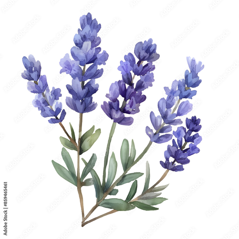 Fototapeta premium A watercolor painting of a delicate lavender sprig in bloom, isolated on a transparent background