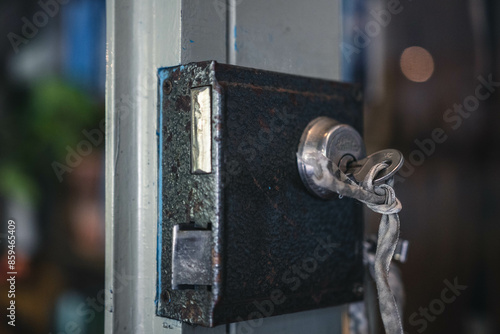 Close up shallow depth of field shot of old door lock with key inside. Both the door know and the key are rusty showing signs of heavy usage