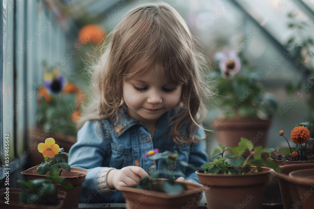Young girl child taking care of small flower plant seedlings in greenhouse Young girl child taking care of small flower plant seedlings in greenhouse