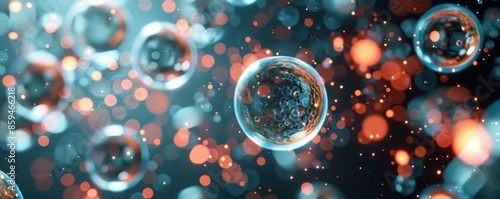 Abstract background with glowing spheres and bokeh lights. photo