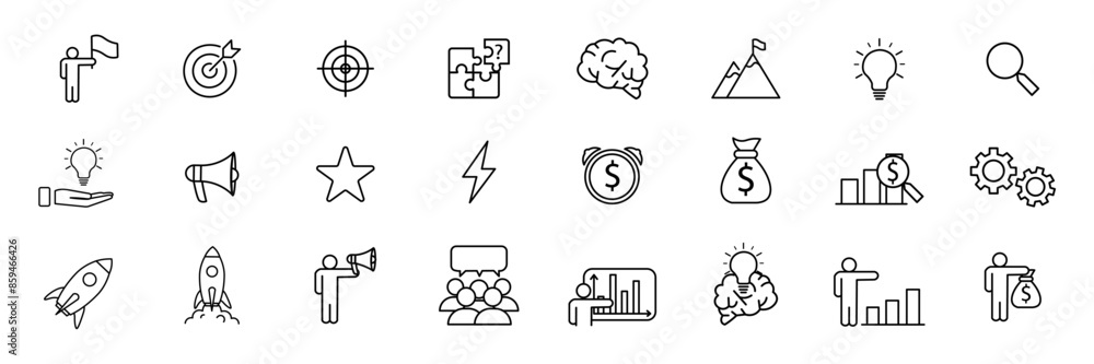 Project Icons. Launch of a project, business report and goal. Strategy icons linear set. Vector