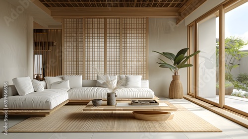 Minimalist living room with Japandi elements, beige walls and wooden accents, white sofa, wood coffee table on tatami mat, plants in vases, sliding doors for natural light.