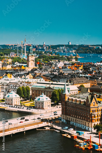 Obraz na płótnie Stockholm, Sweden. Great Church In Cityscape Skyline. Elevated View Of City Center w salonie