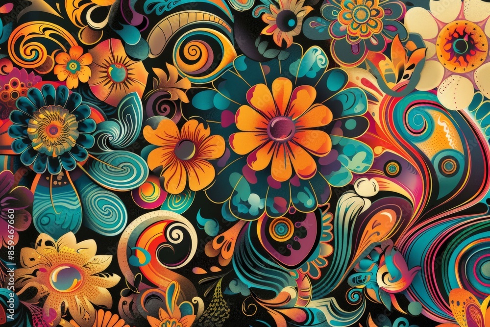 combining vibrant psychedelic patterns with intricate floral designs, featuring bold colors and swirling motifs, creating a captivating and artistic composition