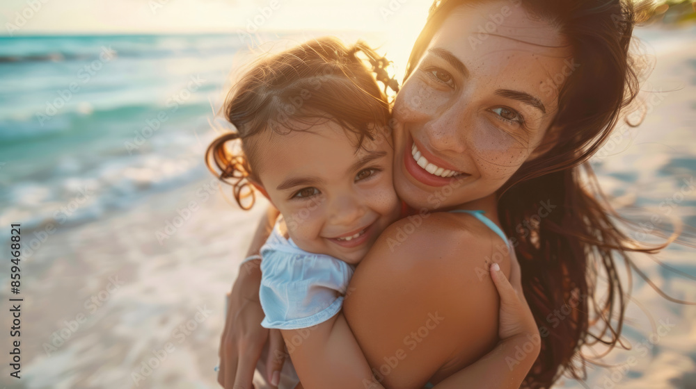 Portrait of a young smiling mother with a child in her arms against the backdrop of the sea coast. The concept of relaxation, motherly love, vacation at the resort. Portrait of a young smiling mother with a child in her arms against the backdrop of the sea coast. The concept of relaxation, motherly love, vacation at the resort.
