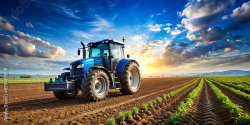 Blue Tractor in a Field at Sunset