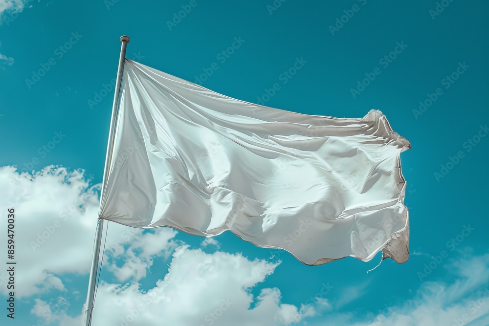 A sheet of white flag flying in the blue sky. The concept of an international sign of a truce, a ceasefire, a request from one of the parties to the conflict to negotiate.
A sheet of white flag flying in the blue sky. The concept of an international sign of a truce, a ceasefire, a request from one of the parties to the conflict to negotiate.