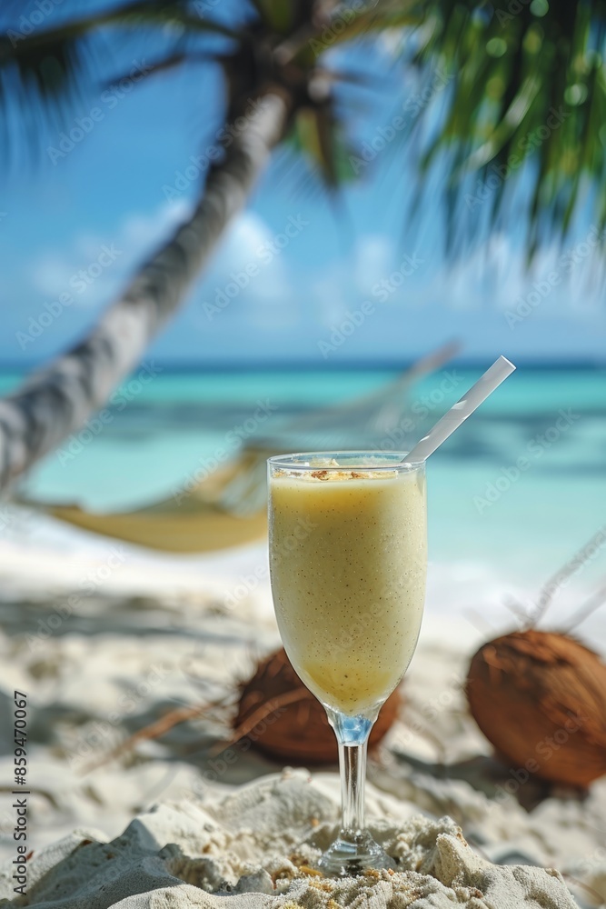 In the glamour magazine photo, a drink and a thick straw, the turquoise ocean in the background is a beautiful beach, on the beach, two coconuts lie behind a glass of smoothies In the glamour magazine photo, a drink and a thick straw, the turquoise ocean in the background is a beautiful beach, on the beach, two coconuts lie behind a glass of smoothies