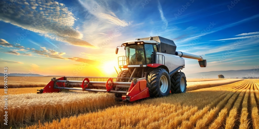 Fototapeta premium Combine Harvester at Sunset in a Wheat Field