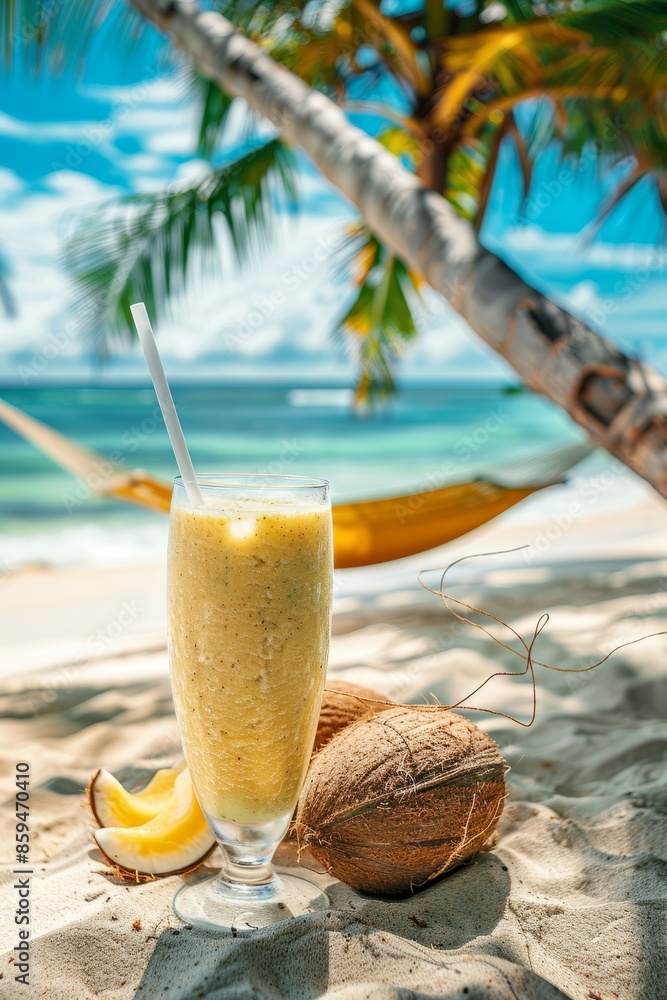 In the glamour magazine photo, a drink and a thick straw, the turquoise ocean in the background is a beautiful beach, on the beach, two coconuts lie behind a glass of smoothies In the glamour magazine photo, a drink and a thick straw, the turquoise ocean in the background is a beautiful beach, on the beach, two coconuts lie behind a glass of smoothies