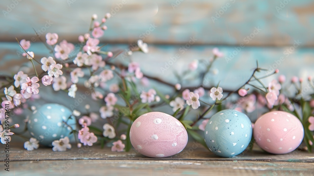 Fototapeta premium Easter themed decor with pastel eggs on wooden backdrop