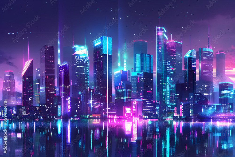 custom made wallpaper toronto digitalA futuristic city skyline with glowing lights.