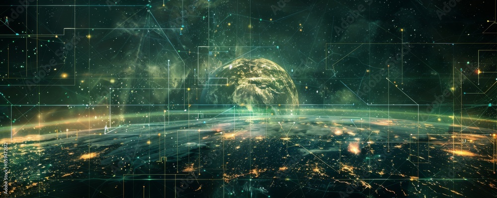 Fototapeta premium Map of modern technology connection on Earth, panorama banner. Generative AI.