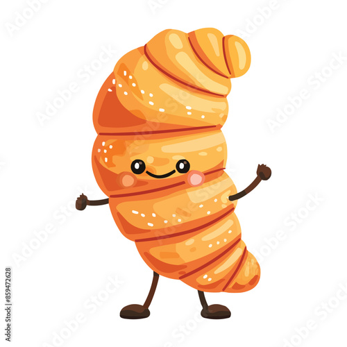 A croissant cartoon character with arms and legs on white background