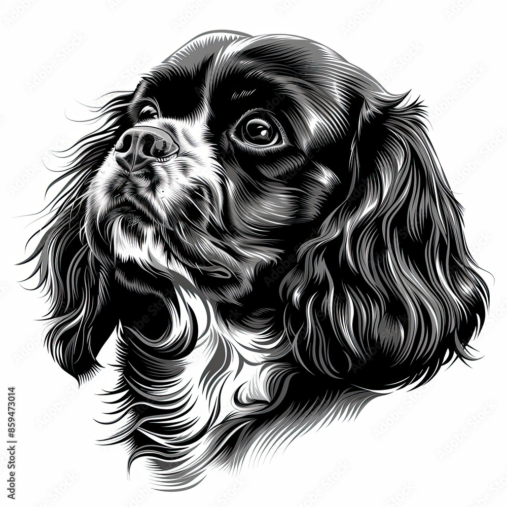 A black and white drawing of a cavalier king charles spaniel dog A black and white drawing of a cavalier king charles spaniel dog