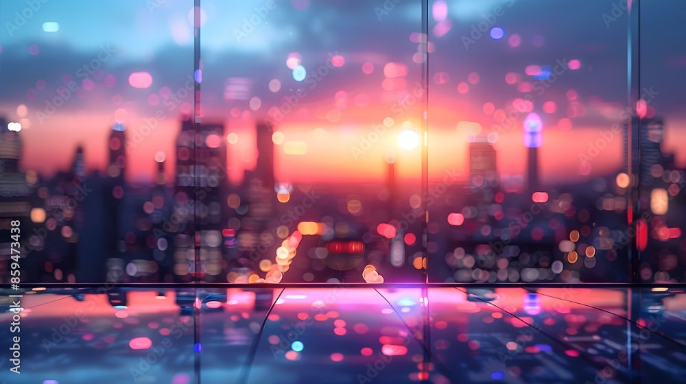 Fototapeta premium Sleek glass surface in the foreground set against a vibrant cityscape at dusk for an urban-themed product display.