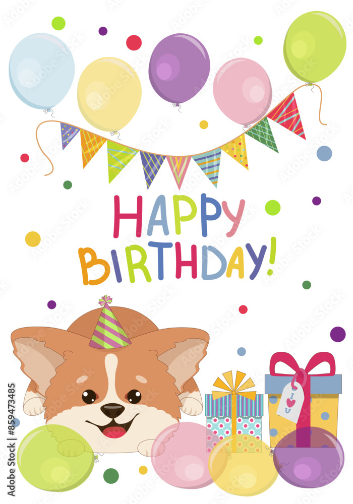 Stylish happy birthday cards with funny corgis. Inflatable balls, garlands. Vector card, poster with cute corgi, print for factory textile. Stylish happy birthday cards with funny corgis. Inflatable balls, garlands. Vector card, poster with cute corgi, print for factory textile.