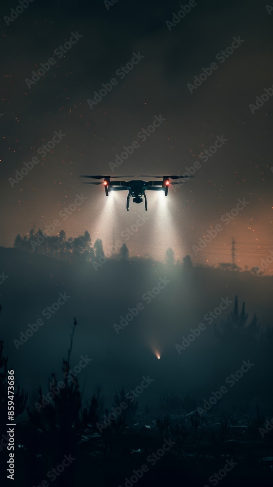 Fototapeta premium A MALE drone with a spotlight illuminating a target at night, casting harsh shadows across the landscape