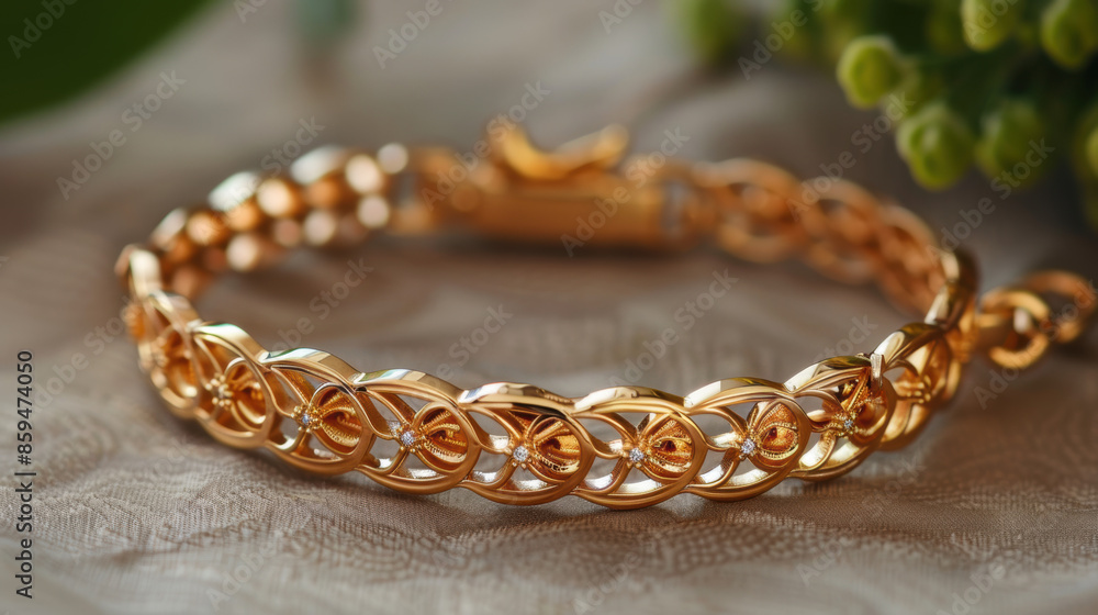 A gold bracelet with a design of leaves and diamonds A gold bracelet with a design of leaves and diamonds