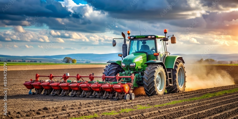 Fototapeta premium Green Tractor Working in a Field