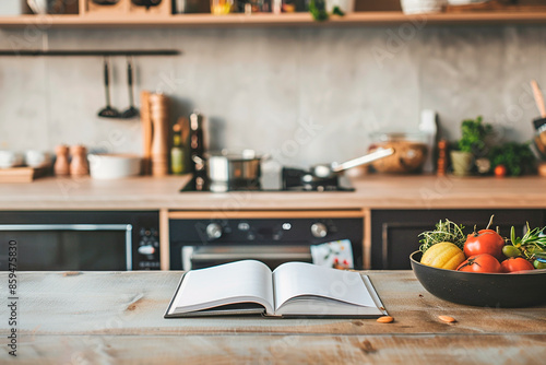 A modern kitchen with a wooden countertop and a cookbook open, ready for cooking. © BetterPhoto